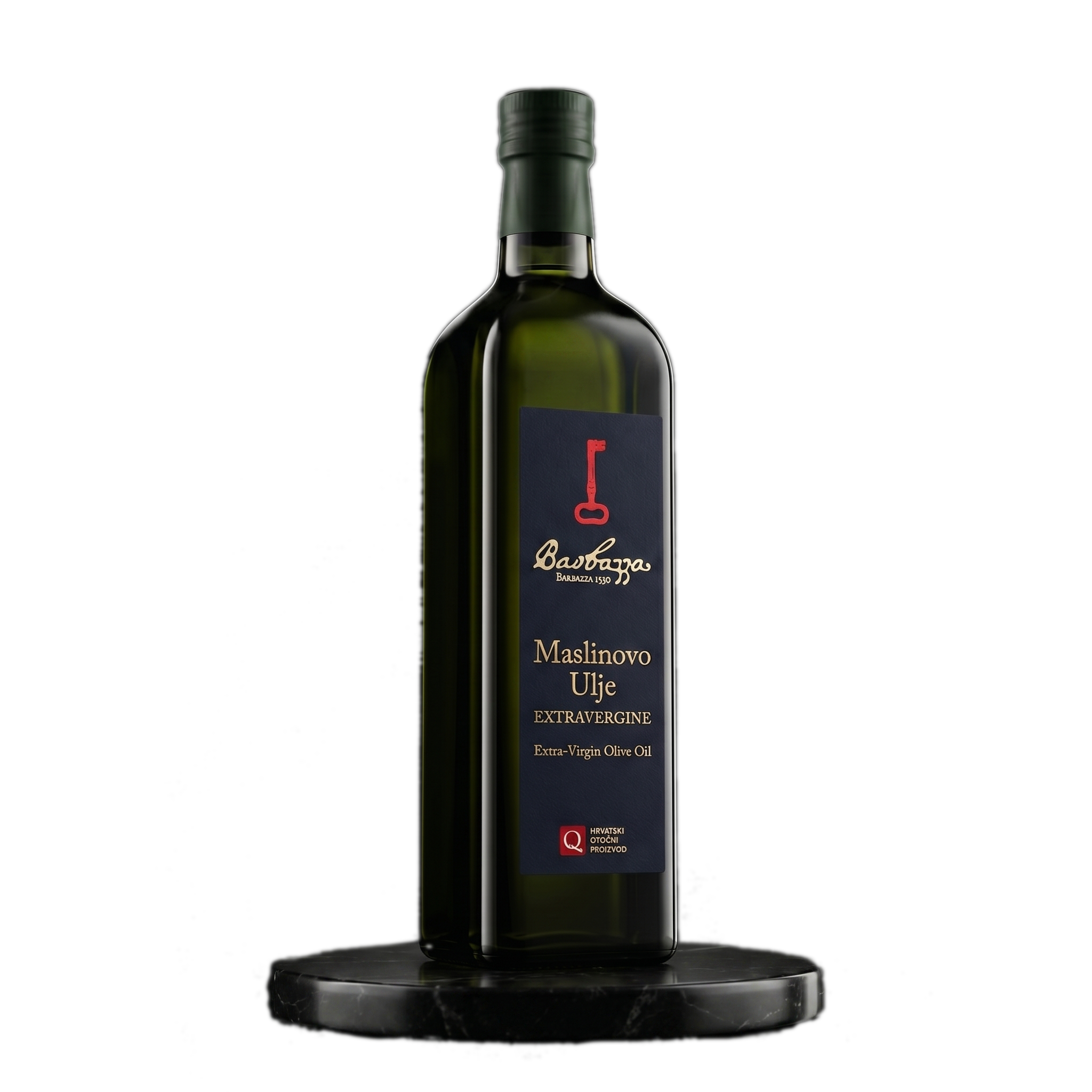 Maslinovo Ulje — Barbazza extra-virgin olive oil, the red-key label on a dark studio shot