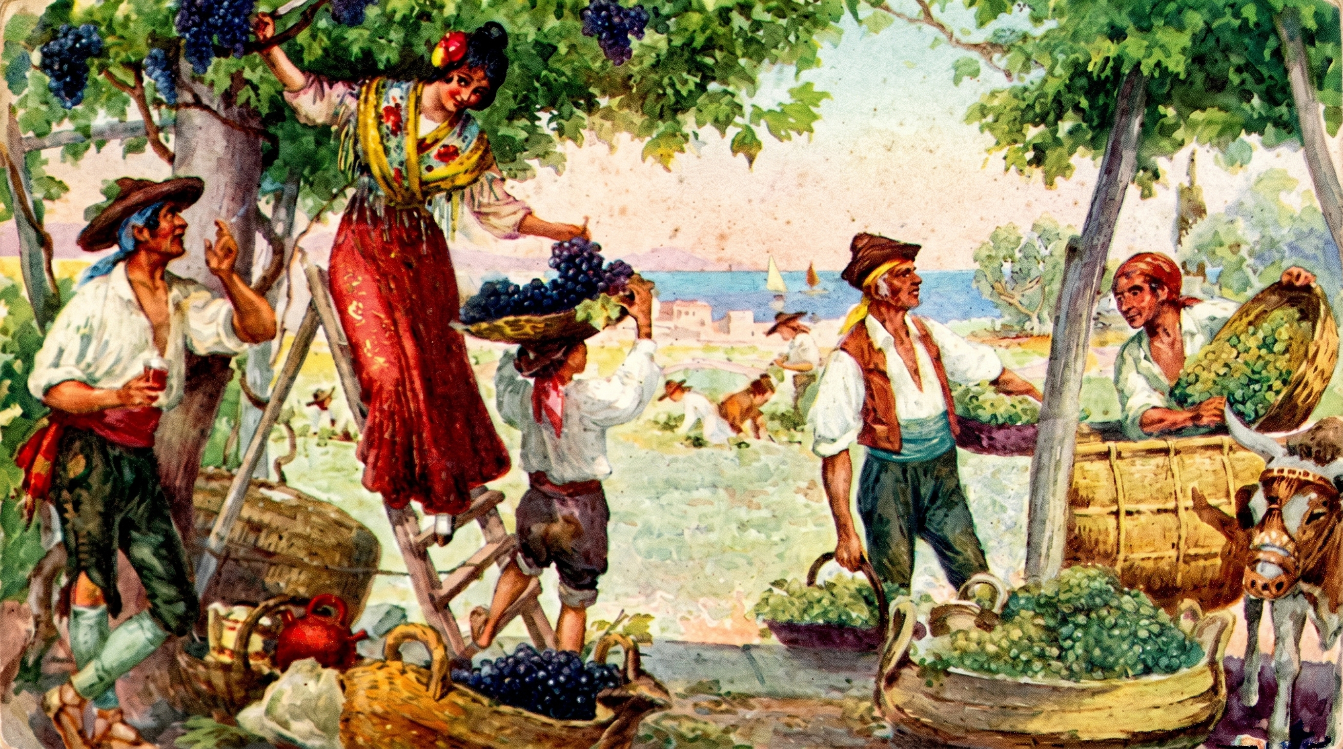 A vintage watercolour of the Dalmatian grape harvest — the world our family has worked since 1530