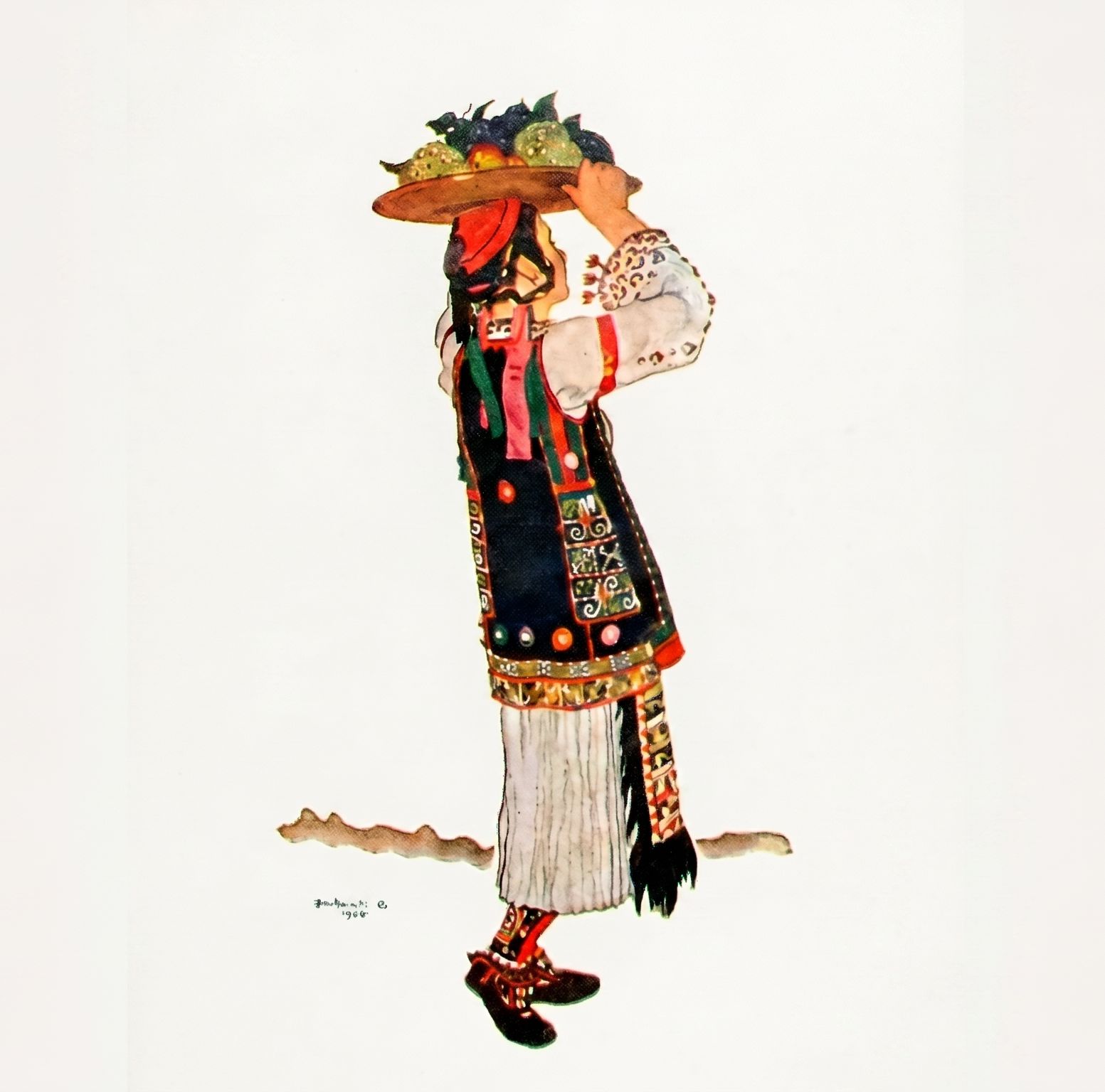 A vintage watercolour of a Dalmatian woman in folk dress carrying a tray of grapes and fruit