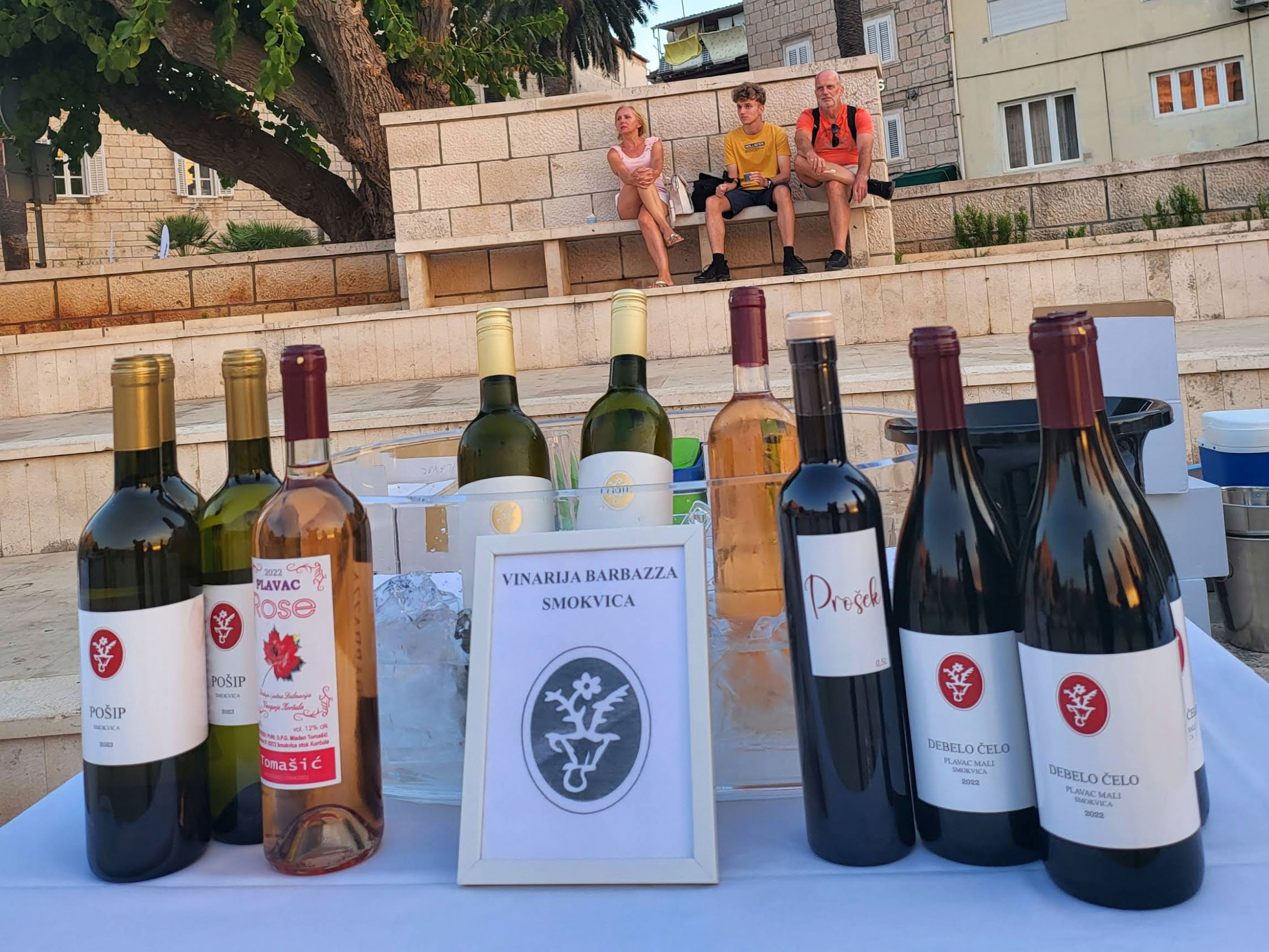 The Barbazza range on the tasting table — Pošip, Rosé, Prošek and the Debelo Čelo red