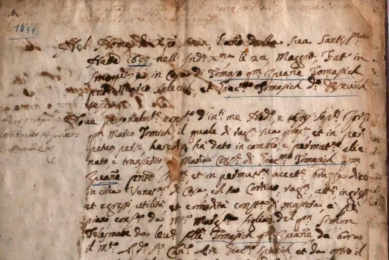 The 1699 Smokvica deed naming Giacomo Tomašić called Barbazza among the witnesses