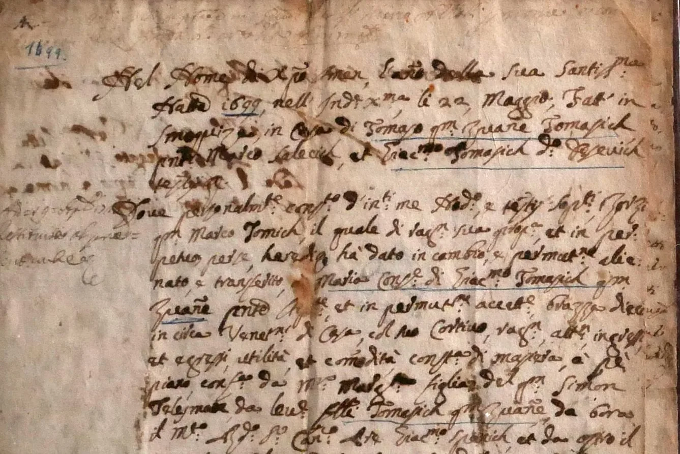 The 1699 Smokvica deed naming Giacomo Tomašić called Barbazza among the witnesses