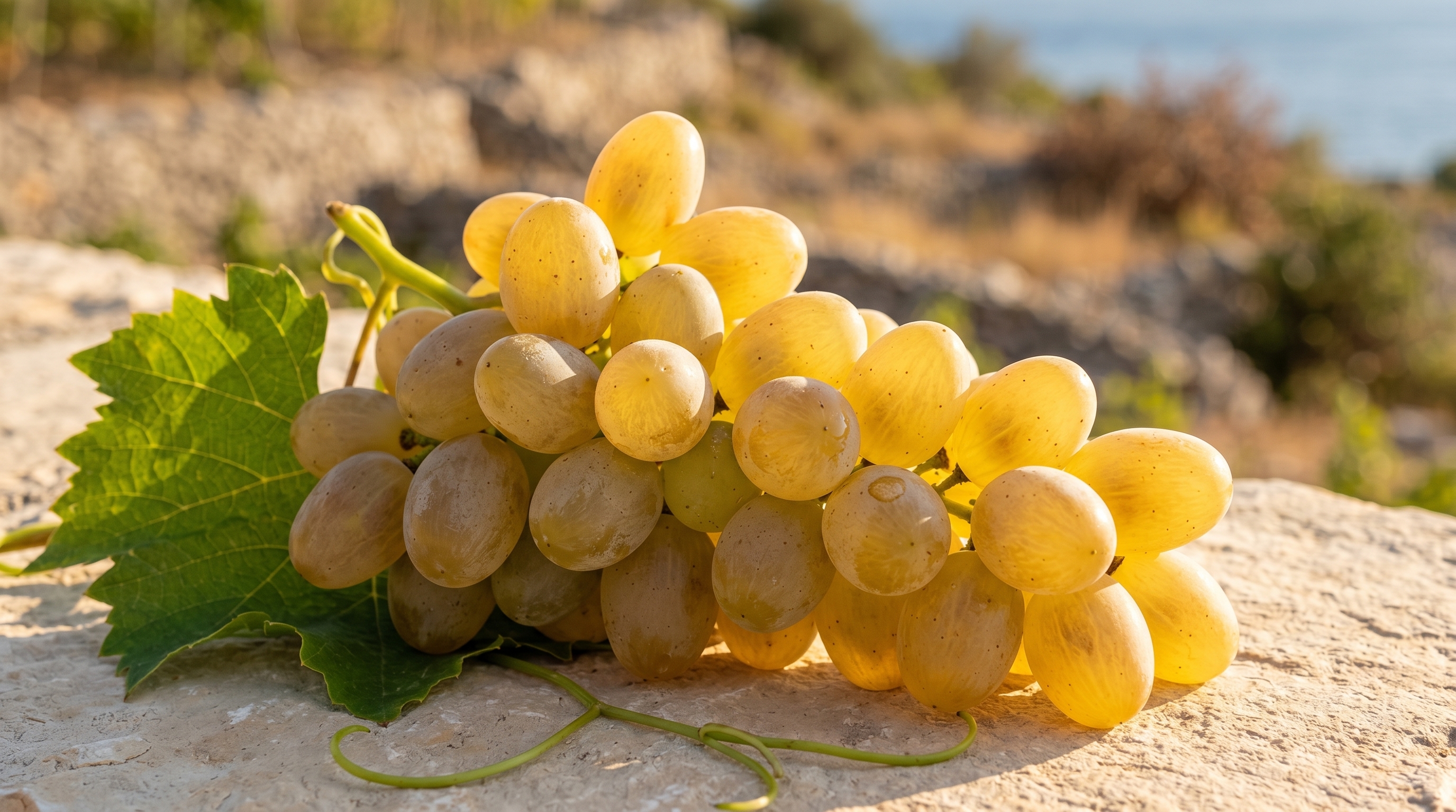 Pošip grapes on the vine — the white grape our family found wild