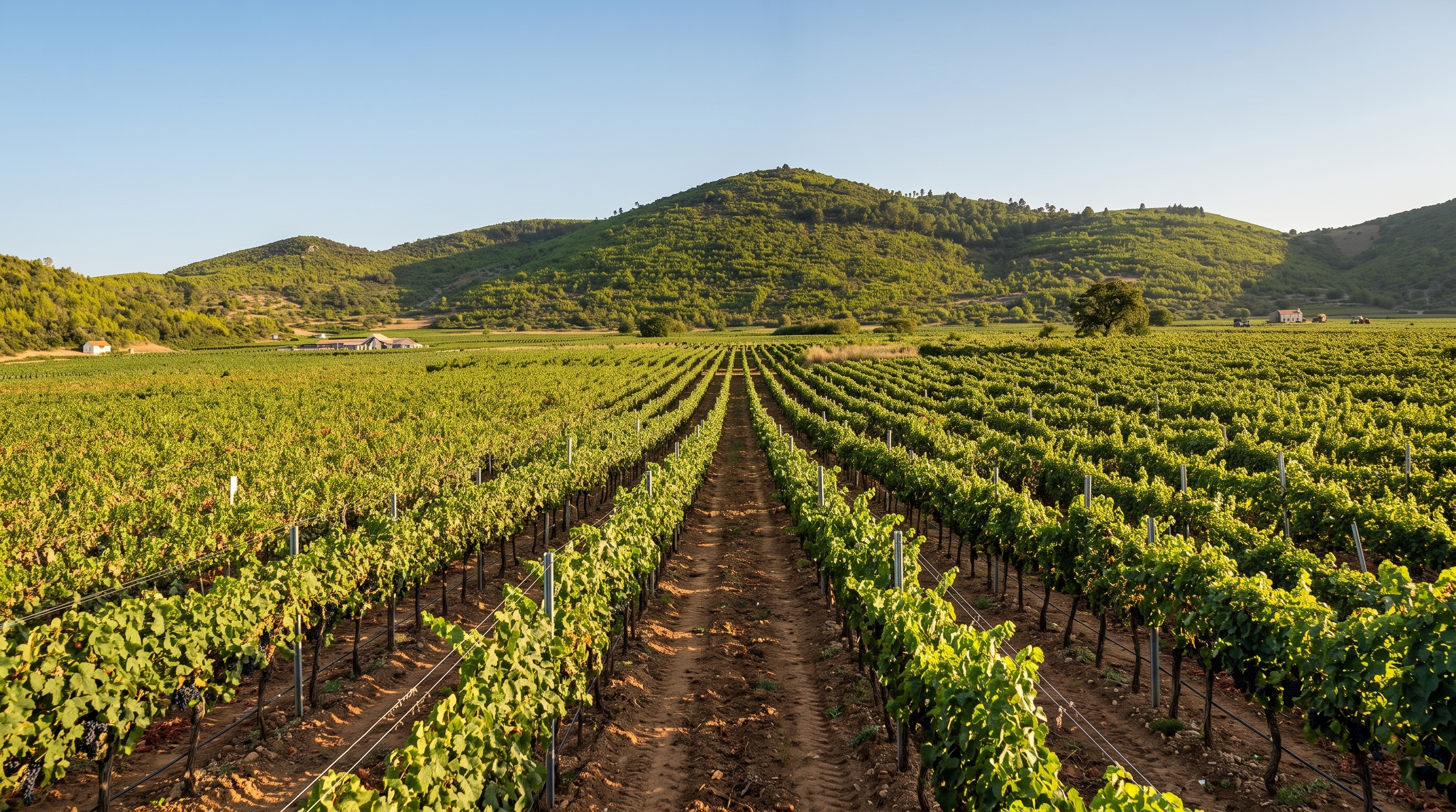 The vine rows of Smokvica polje running toward the green hill, evening light