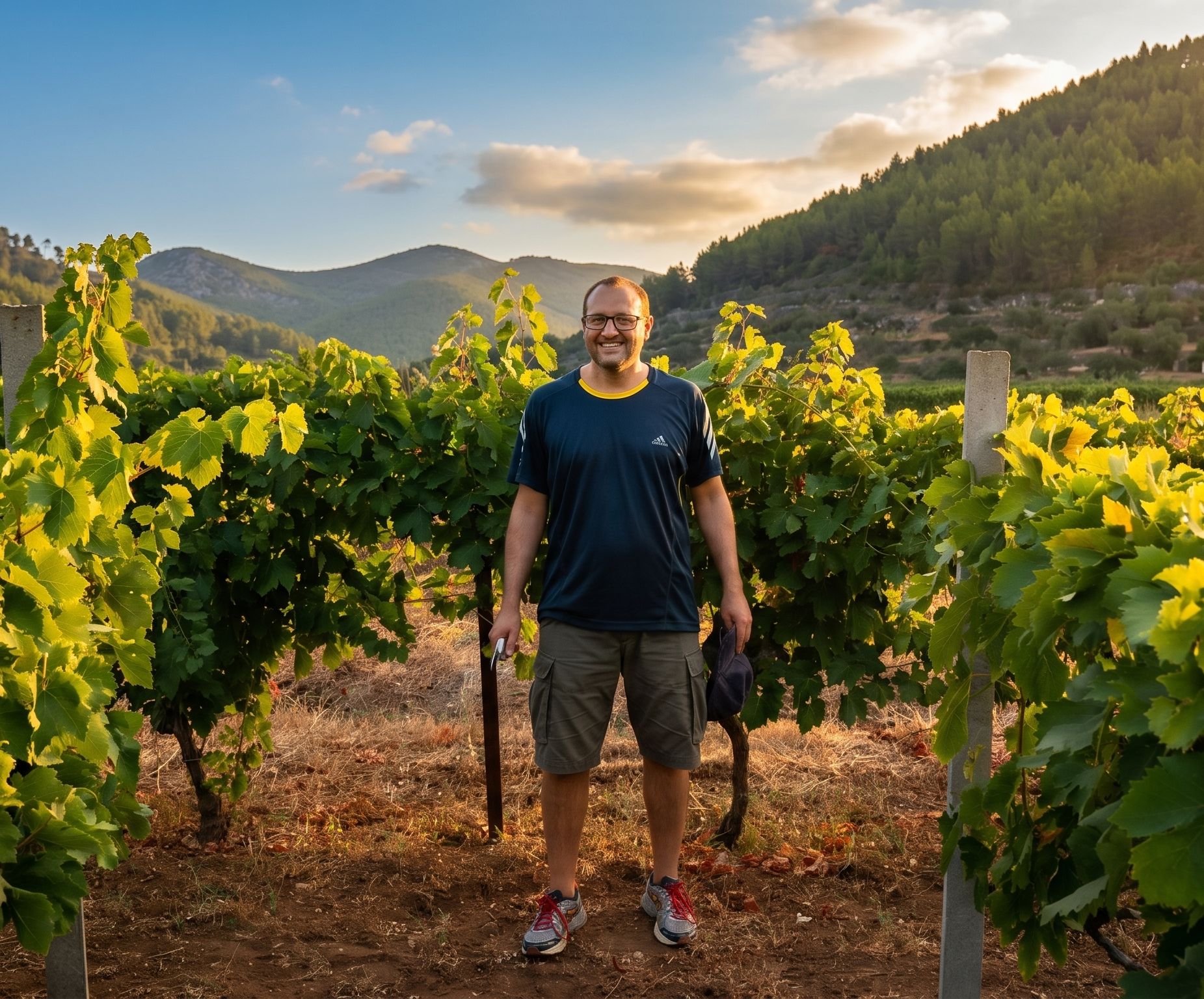 Marin in the vineyard rows beneath the Korčula hills