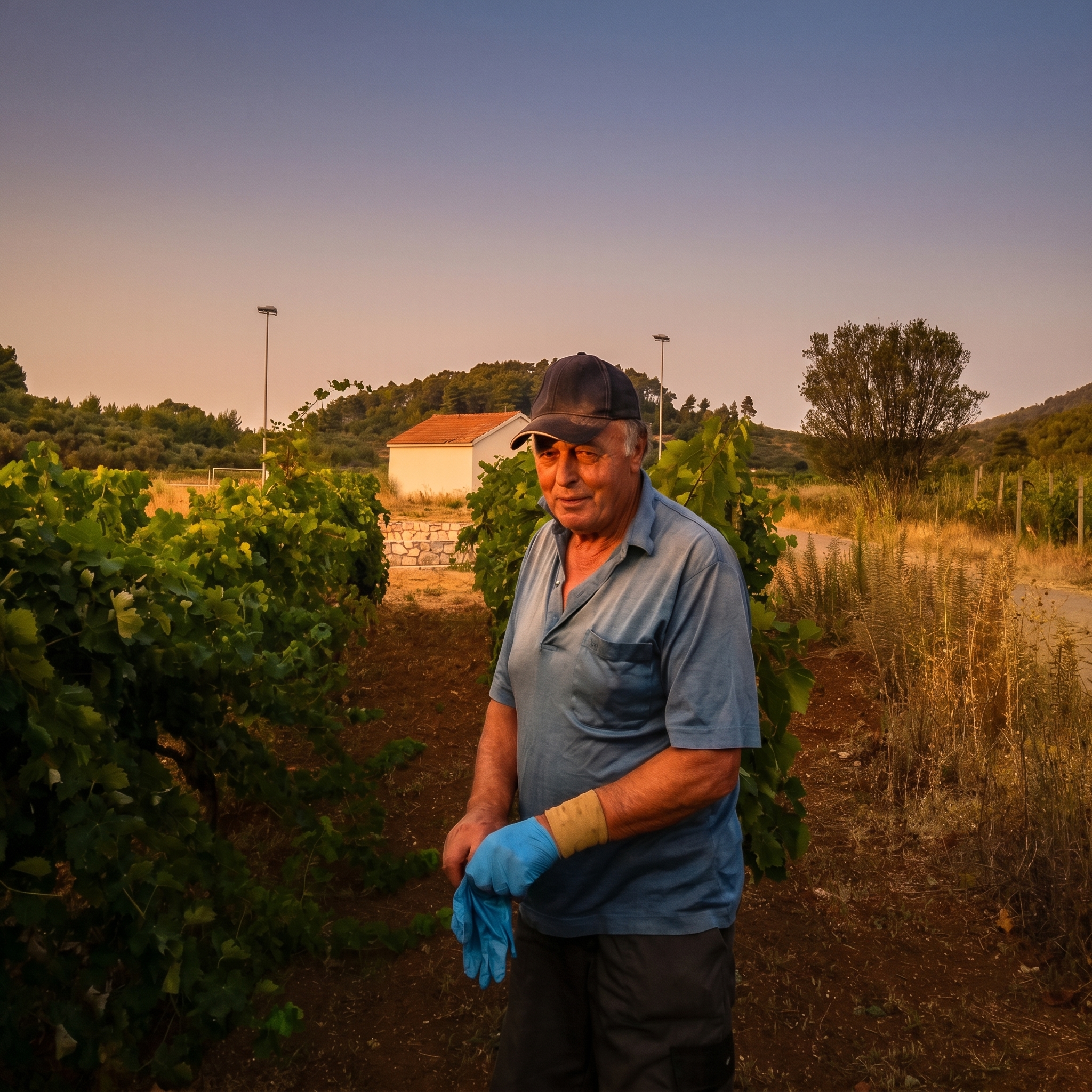 Mladen Tomašić standing among his vines at dusk