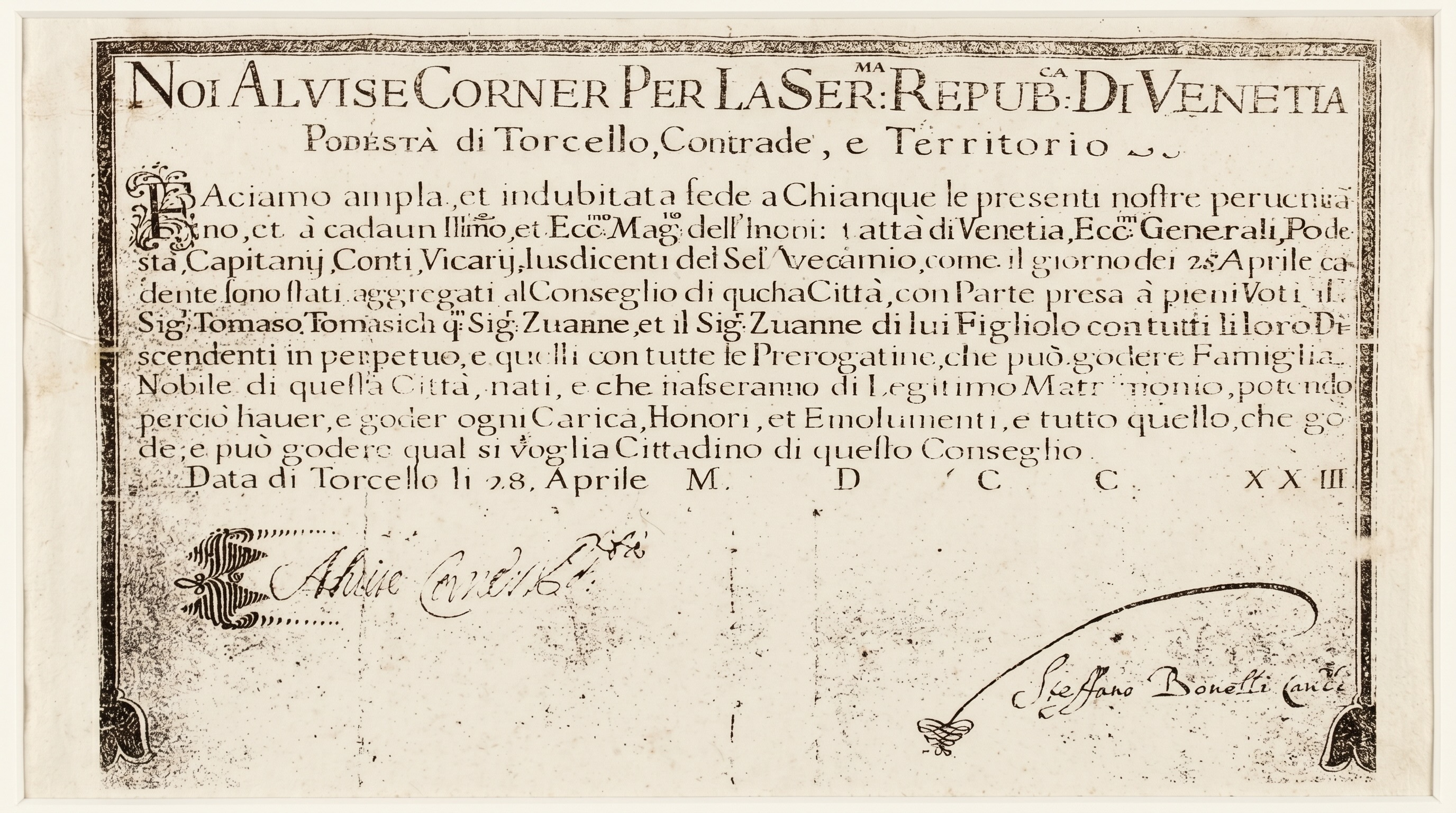 The printed 1723 Venetian decree of nobility, headed Noi Alvise Corner per la Serenissima Republica di Venetia