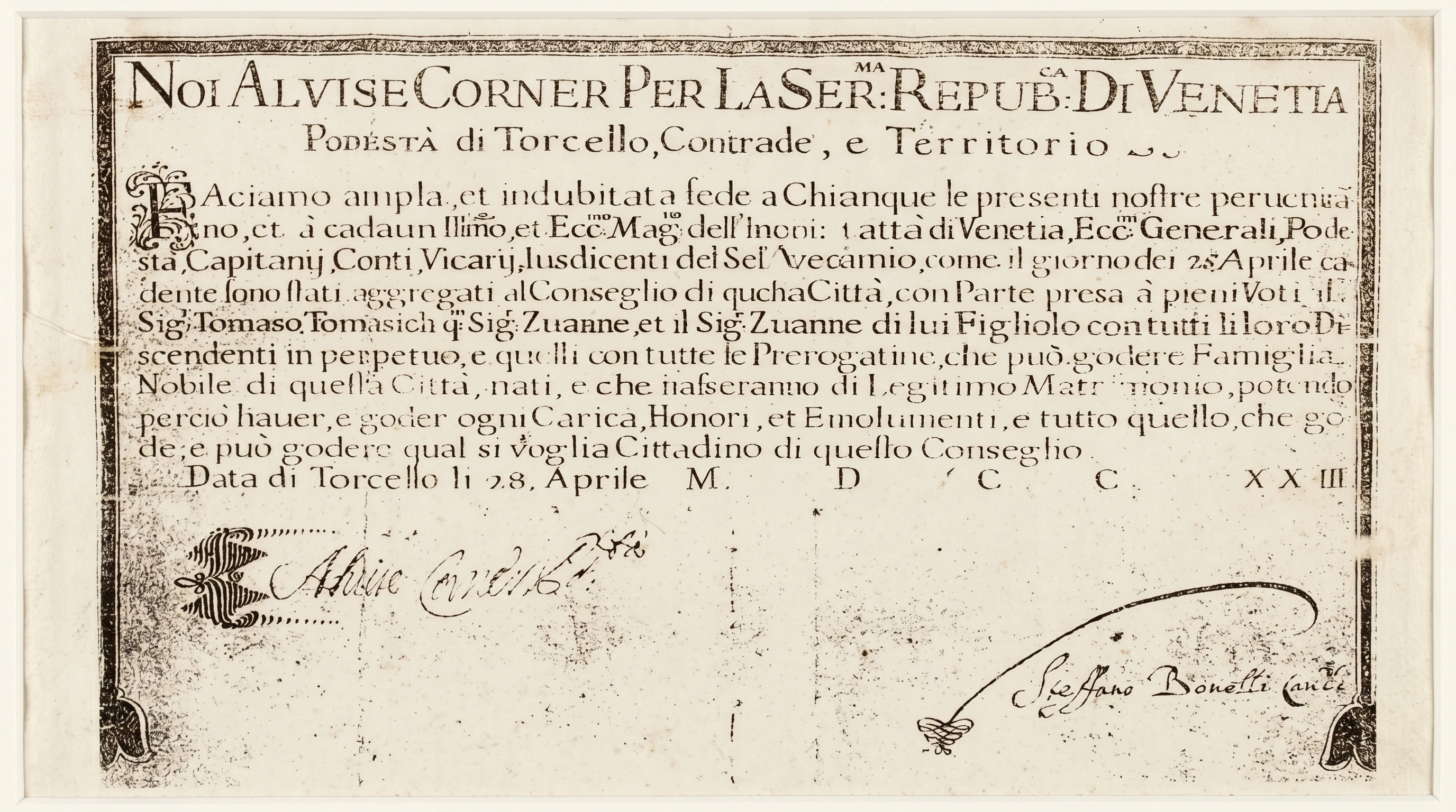 The printed 1723 Venetian decree of nobility, headed Noi Alvise Corner per la Serenissima Republica di Venetia